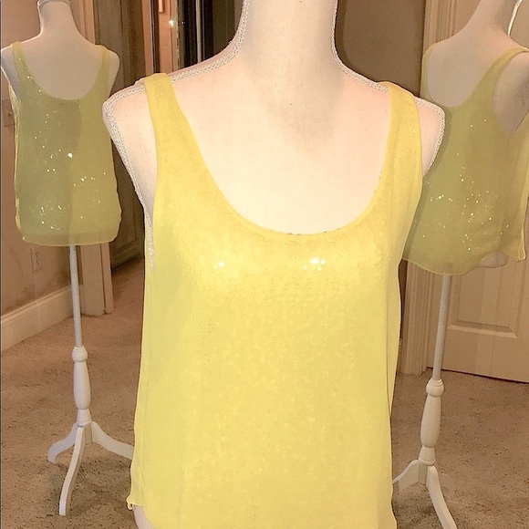 Aqua Dressy Yellow Tank Top Silver Sequin & Yellow Organza Silky Overlay Sz S - Picture 4 of 11